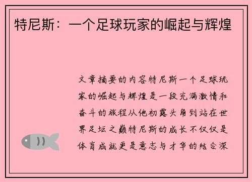 特尼斯：一个足球玩家的崛起与辉煌